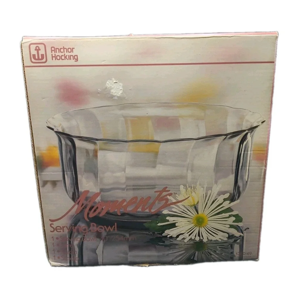 Vintage 80s/90s Anchor Hocking Moments Clear Glass Serving Bowl In Box 10 In.